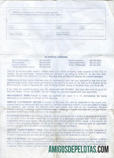 Conta de serviços públicos de água do Arizona, EUA, 2 páginas 2 exemplo